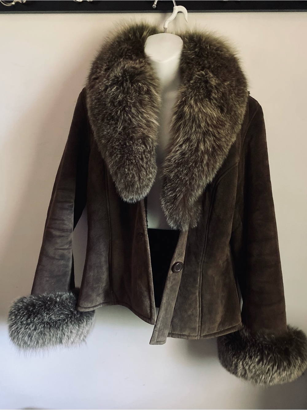 Danier Women's Brown Leather Coat with Fox Fur Trim